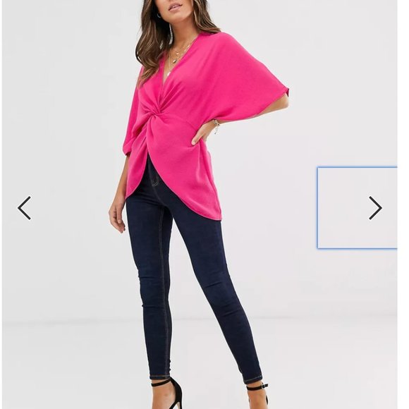 ASOS Design Kimono Sleeve Hot Pink Blouse - Picture 3 of 7